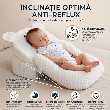 Pernă Antireflux Bebeluș VibeMag — Husă Muselin Bumbac 100%, Bază Anti-Alunecare, 0-6 Luni