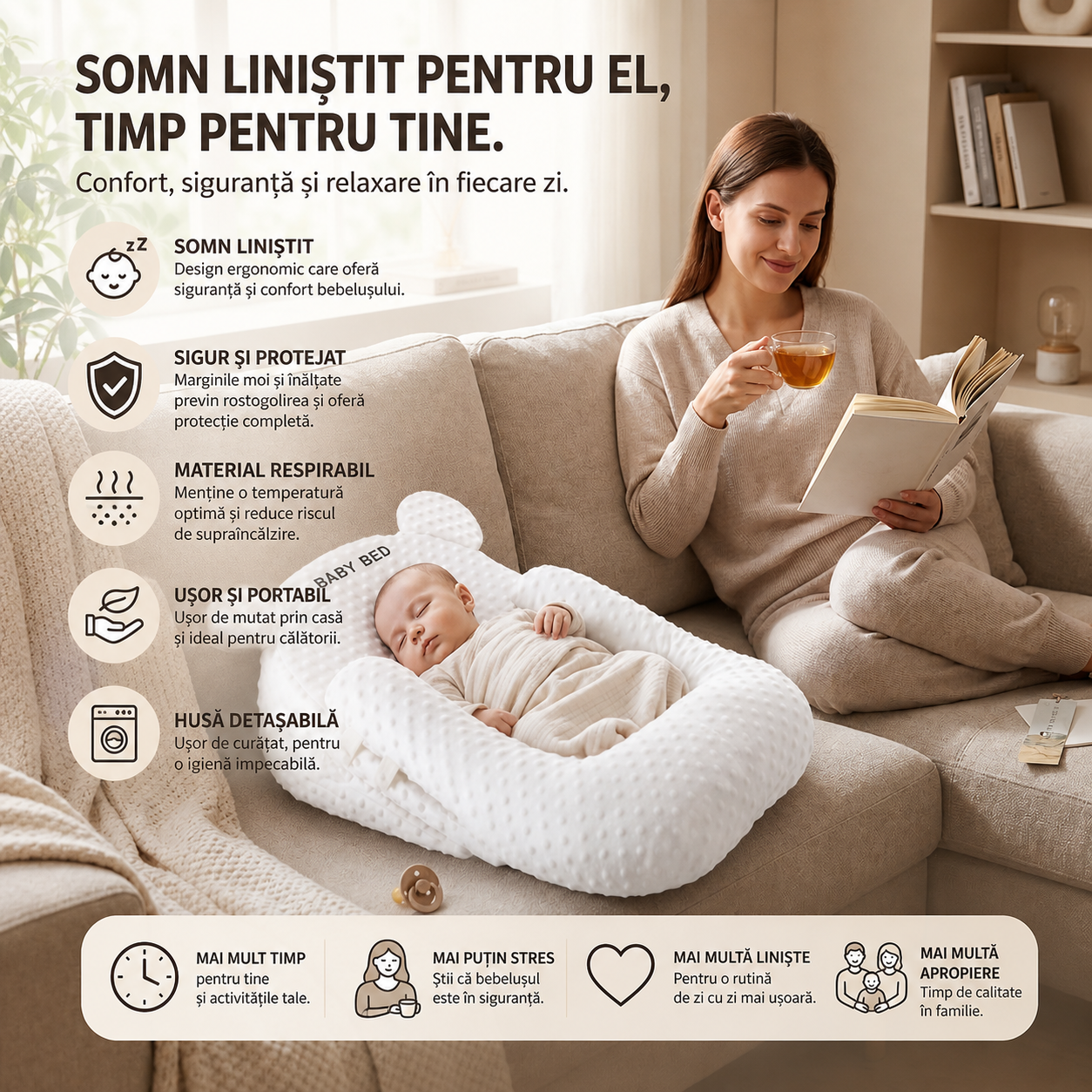 Pernă Antireflux Bebeluș VibeMag — Husă Muselin Bumbac 100%, Bază Anti-Alunecare, 0-6 Luni