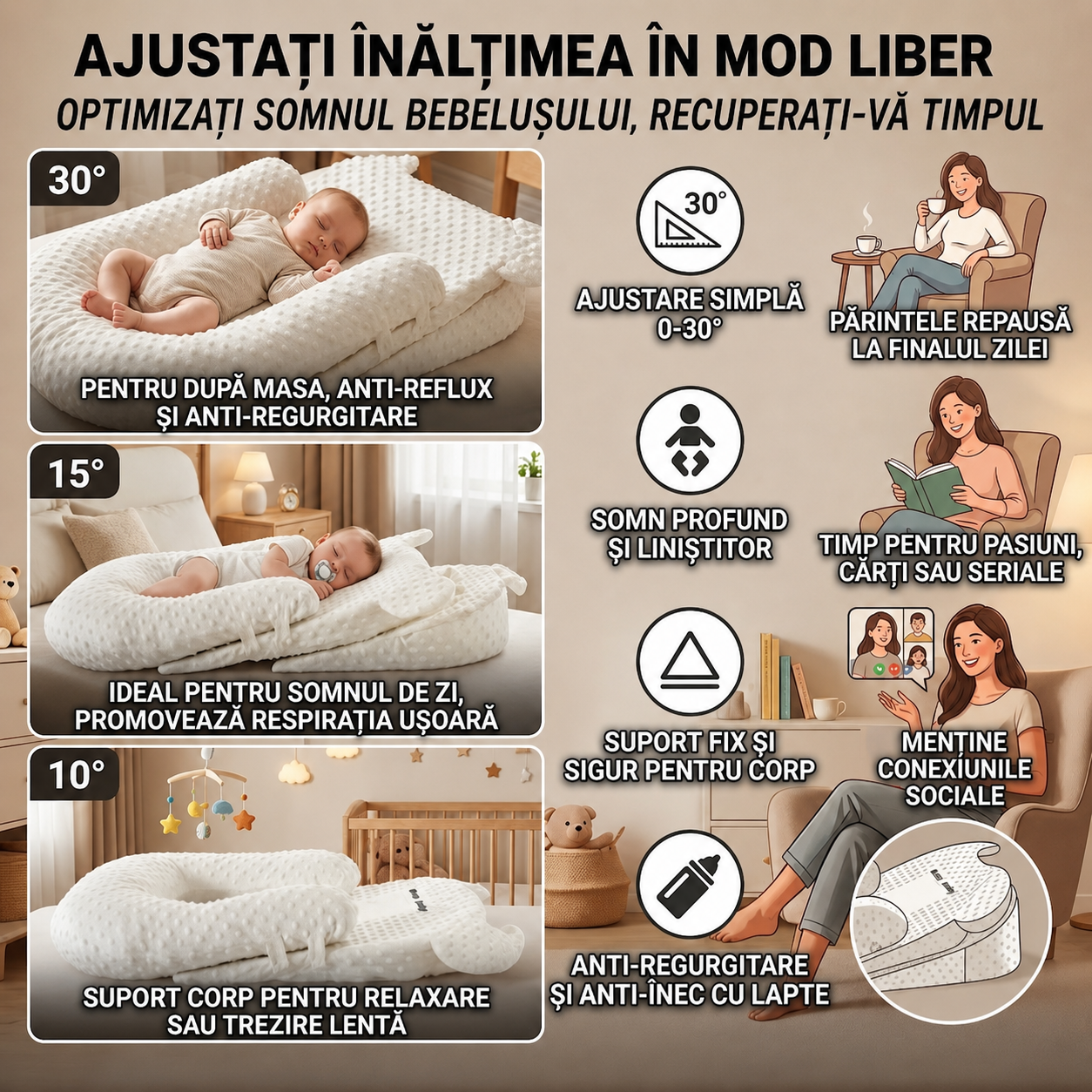 Pernă Antireflux Bebeluș VibeMag — Husă Muselin Bumbac 100%, Bază Anti-Alunecare, 0-6 Luni