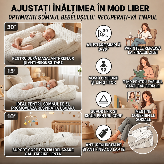 Pernă Antireflux Bebeluș VibeMag — Husă Muselin Bumbac 100%, Bază Anti-Alunecare, 0-6 Luni
